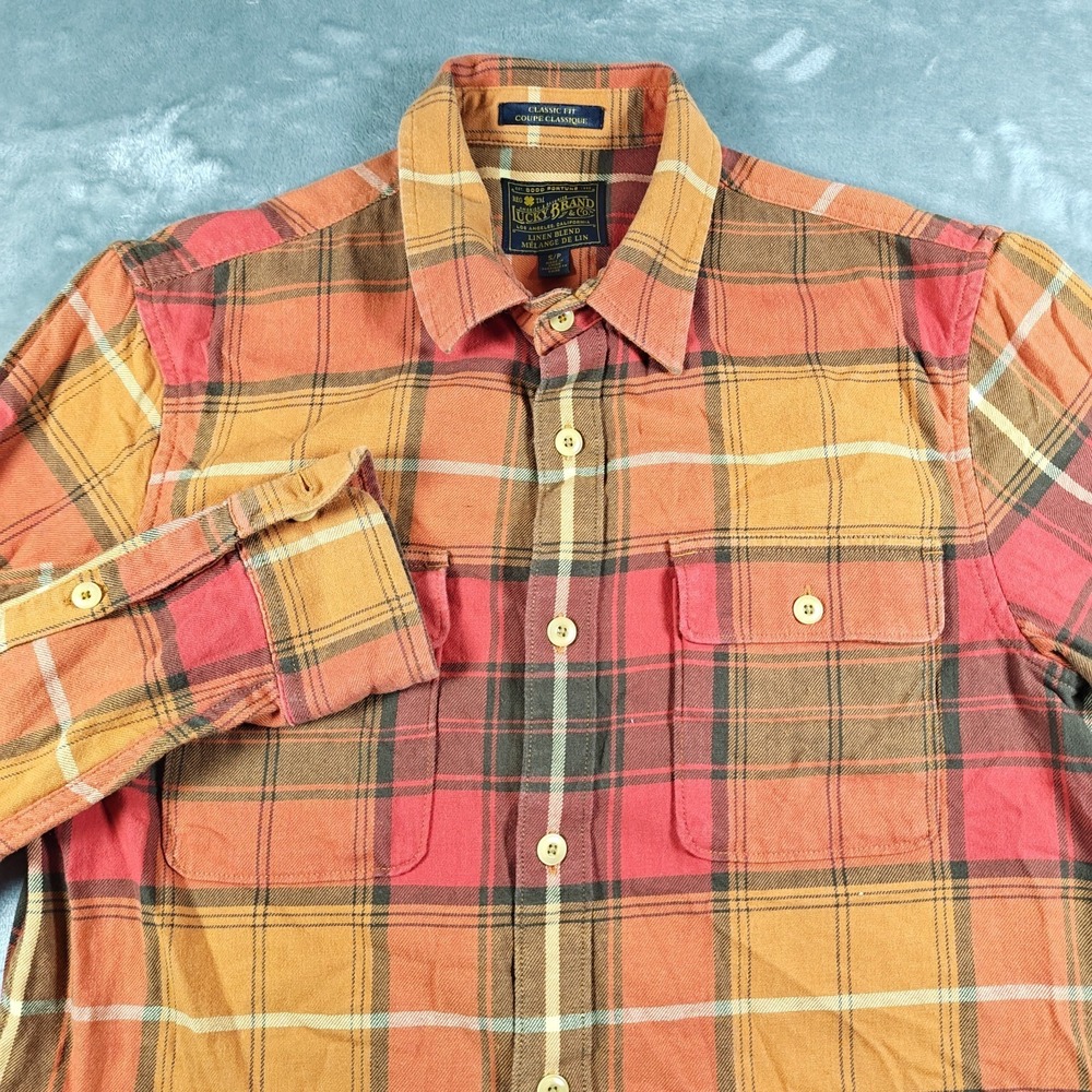 Lucky Brand Shirt Mens Small Plaid Flannel Button Up Linen Blend Classic Fit